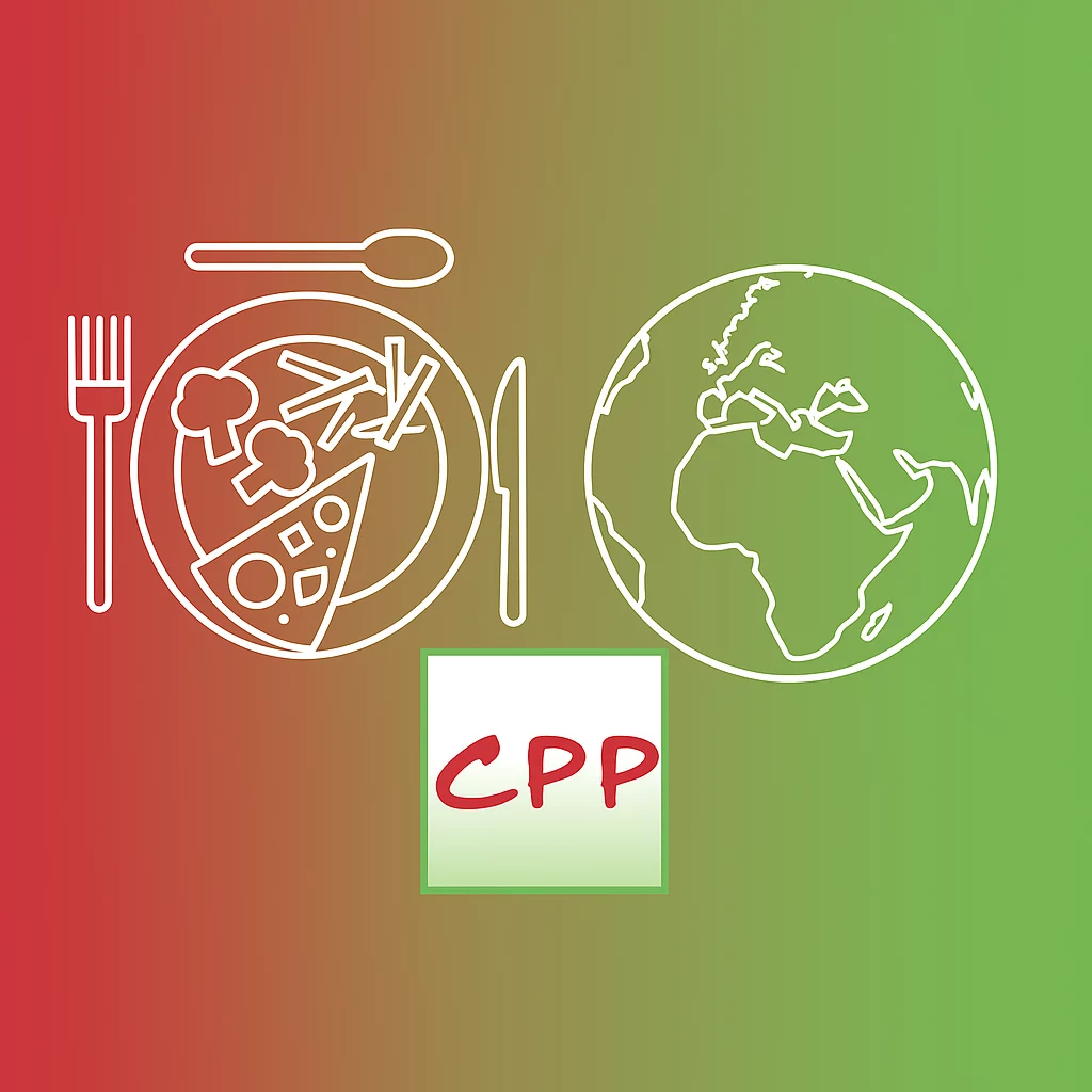 L’image présente un fond en dégradé allant du rouge (à gauche) au vert (à droite). Au centre, on trouve trois éléments principaux : Une assiette illustrée contenant des aliments variés (pizza, brocoli, frites), entourée d’un couteau, d’une fourchette et d’une cuillère. Une représentation du globe terrestre, mettant en évidence l’Europe et l’Afrique. Un carré rouge avec le texte “CPP” inscrit en lettres capitales.